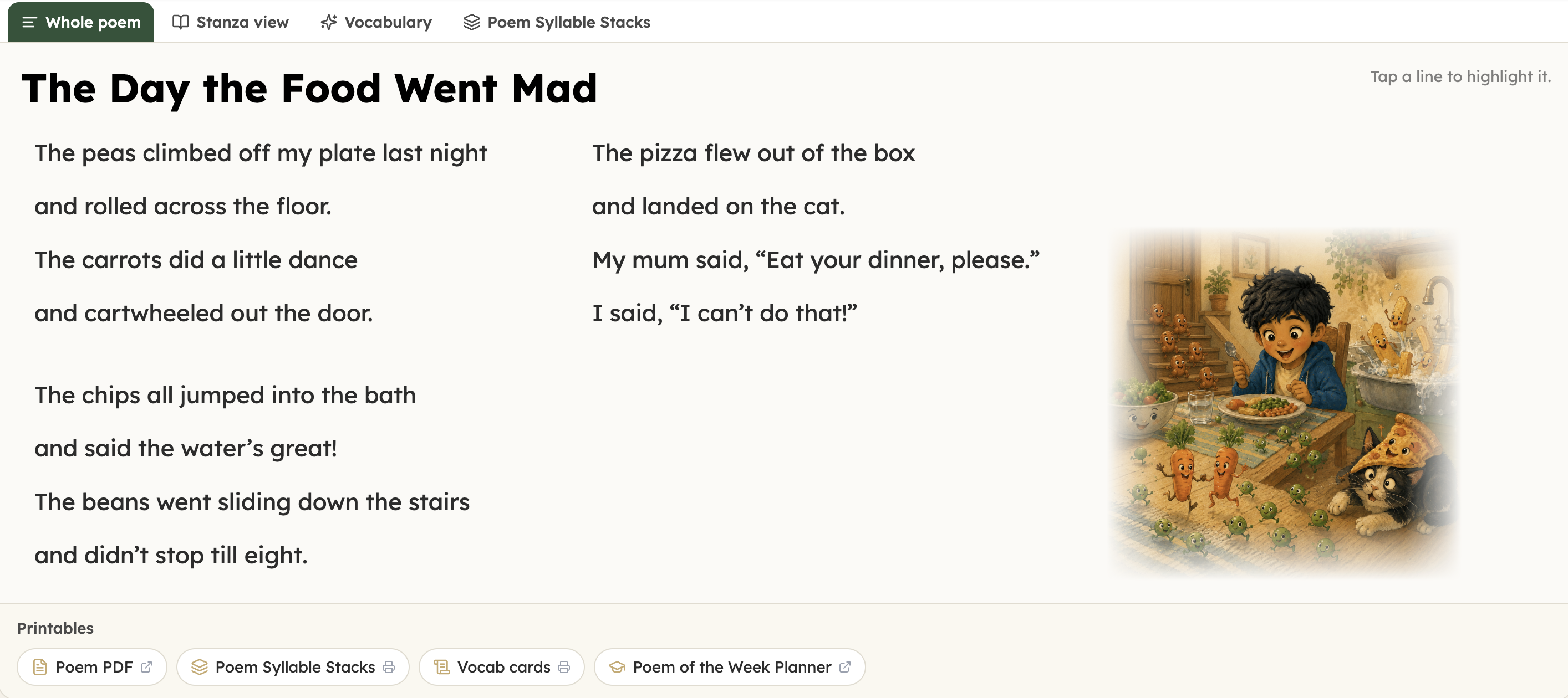 The interactive poem whiteboard showing “The Day the Food Went Mad” in whole-poem view, with tabs for stanza view, vocabulary and syllable stacks, and printable resources below