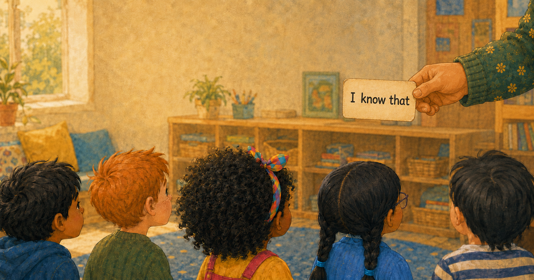 A teacher holds up a flash card reading 'I know that' to a group of young children seen from behind in a sunlit classroom.