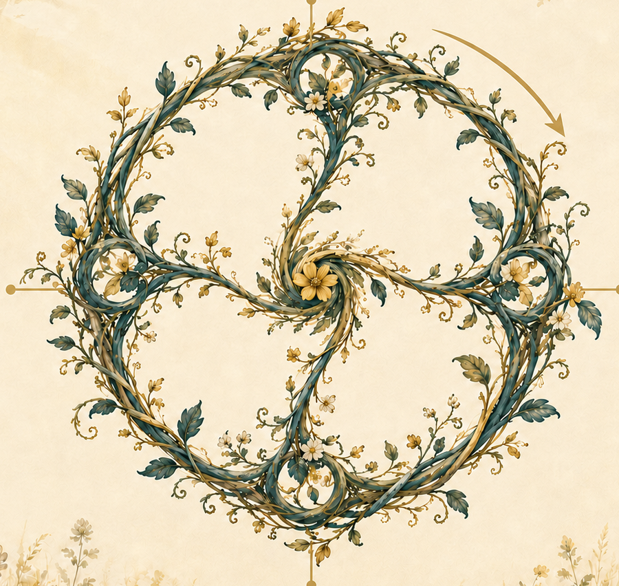 The fluency flywheel: a painterly woodland vine wheel with four spokes and a gold flower at the centre, turning clockwise